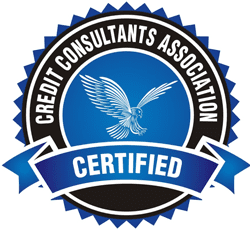 A blue and black seal with the words credit consultants association certified.