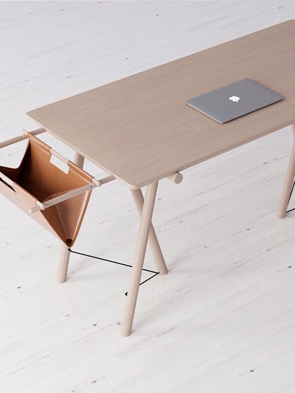 A wooden table with an open bin on the side.