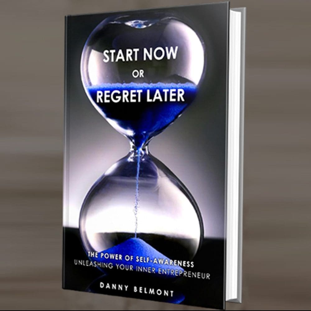 A book cover with an hourglass and the words " start now or regret later ".